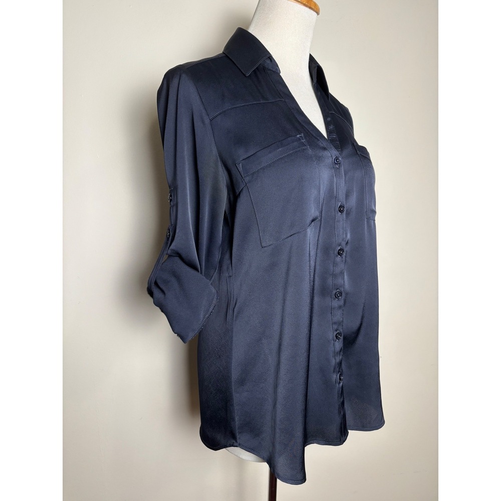 Express Womens The Portofino Shirt XS Black Roll Tab Satin Blouse‎ Dressy Career - Picture 2 of 8